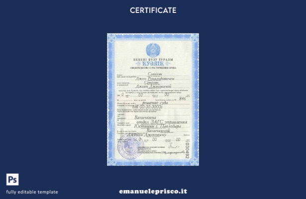 modello completamente modificabile di certificato di matrimonio del Kazakistan i